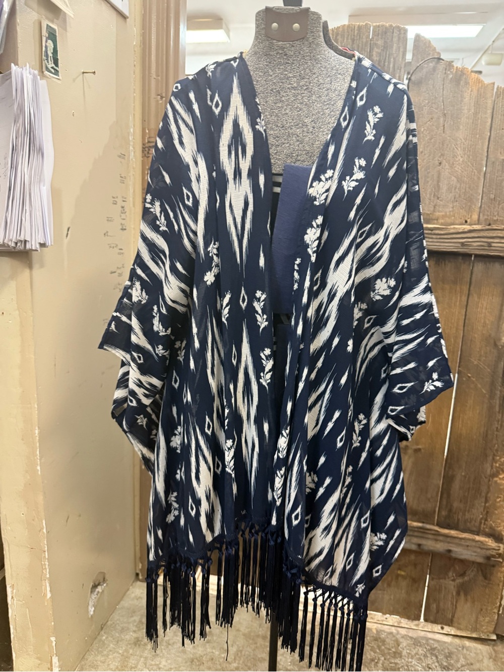 Rewind Navy and White Ikat Fringe Coverup